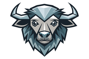 Stylized buffalo head with a geometric shape features light blues, silvers, and grays