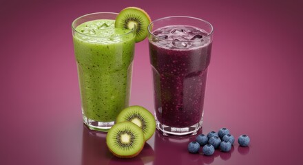 Two glasses filled with refreshing kiwi and blueberry smoothies offer a healthy and delicious beverage option