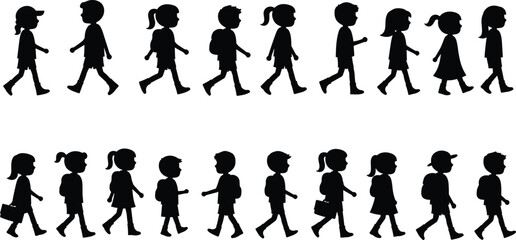 Kids walking silhouette collection, children school vector art, boys and girls walking, school kids group, student silhouettes, cad drawing flat vector illustration