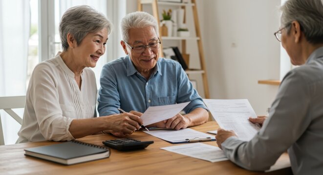 Senior Couple Consulting Financial Advisor – Retirement Planning Meeting at Home
