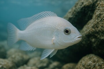 Fototapeta premium Albino Cichlid Fish Swimming Underwater Near Rocks, Portrait of a Freshwater Aquatic Animal