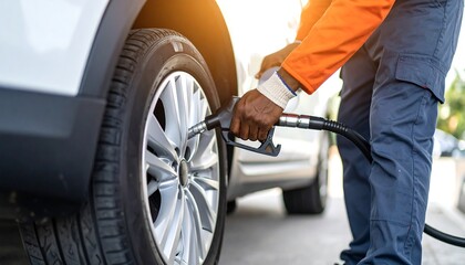 Fototapeta premium Person refueling car with gasoline.