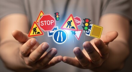 Road Safety Awareness: Hands Presenting a Variety of Traffic Signs and Signals for Driver Education