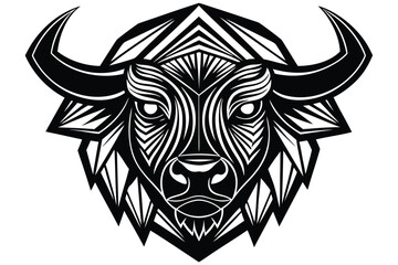 Striking black and white buffalo head showcases intricate line art and sharp angles