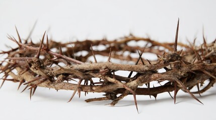 Crown of thorns with sharp spikes against a bright white background symbolizing Christian beliefs