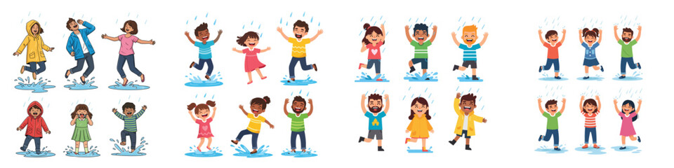 Happy Children and Families Jumping and Playing in Rain Puddles