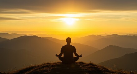 Silhouette of Man Meditating on Mountain at Sunrise – Inner Peace and Spiritual Awakening Concept