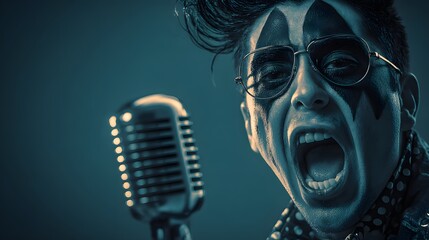 Close-up portrait of a person with dramatic face paint and vintage microphone.