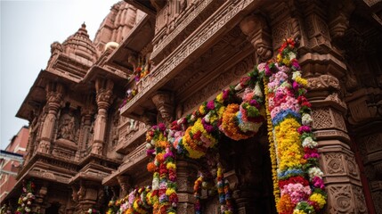 Fototapeta premium Ornate Hindu Temple Facade Decorated with Colorful Flowers for a Festive Celebration