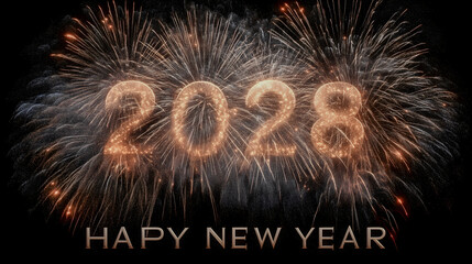 Obraz premium Glowing 2028 Typography with Festive Firework Background. Generative AI