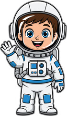 Cartoon astronaut character in white spacesuit waving hand, smiling space explorer with helmet, cad drawing flat vector illustration
