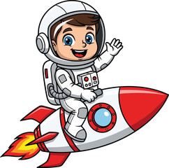 Cartoon astronaut riding rocket with red accents, white spacesuit, smiling character waving hand, space travel theme vector illustration for kids