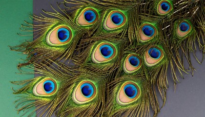 Obraz premium Close-up of vibrant peacock feathers arranged on a two-toned background