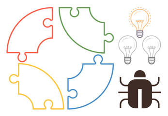 Circular puzzle in four colors, three light bulbs representing ideas, and a bug denoting issues or debugging. Ideal for problem-solving, innovation, collaboration, creativity, troubleshooting, idea