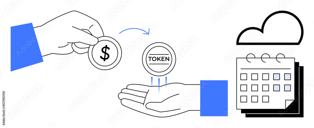 Poster hand exchanging dollar coin for token representing digital transaction. includes cloud and calendar 