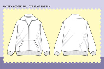 UNISEX HOODIE FULL ZIP FLAT SKETCH FASHION TEMPLATE TECHNICAL DRAWING ILLUSTRATION.cdr © JUSTBEGINNS