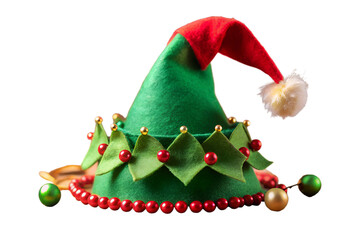 Festive green and red elf hat with decorations isolated on transparent background, a fun and whimsical accessory for christmas holiday celebrations and costume parties