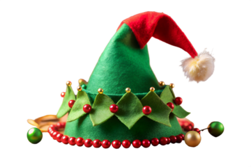Festive green and red elf hat with decorations isolated on transparent background, a fun and whimsical accessory for christmas holiday celebrations and costume parties