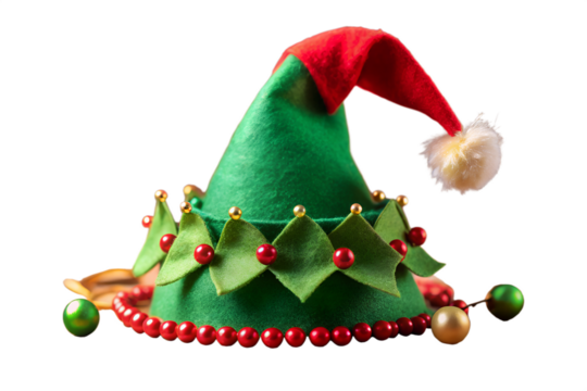 Festive green and red elf hat with decorations isolated on transparent background, a fun and whimsical accessory for christmas holiday celebrations and costume parties