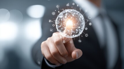 Businessman Touching a Futuristic Digital Sphere Displaying Global Connections, Networking, and Advanced Technology Interface