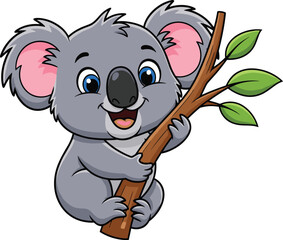 Cute cartoon koala clinging to tree branch with green leaves, happy expression, gray fur, kids animal character vector illustration