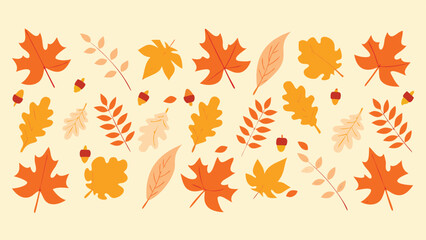 Autumnal pattern featuring maple leaves oak leaves acorns and branches on a light beige background