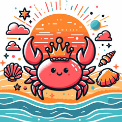 Cancer zodiac sign crab wearing a crown on a colorful beach with shells and sunset background