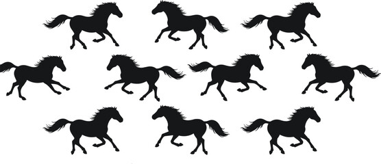 Running horse animation silhouette sequence, equine motion design, black horse icons on white background, CAD drawing flat vector illustration