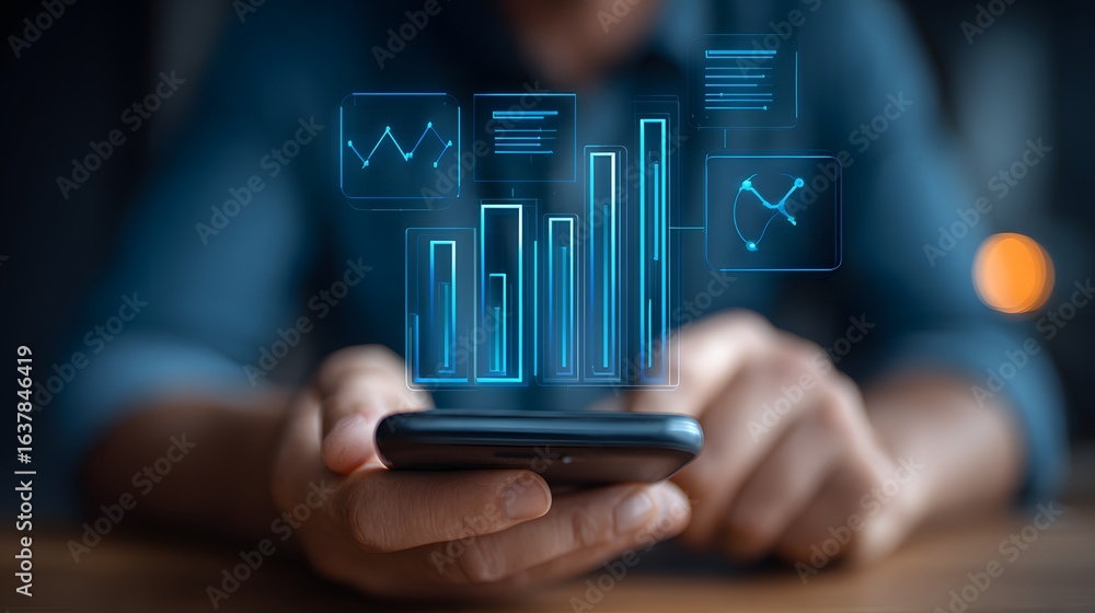 Poster person using a smartphone displaying digital data visualizations.