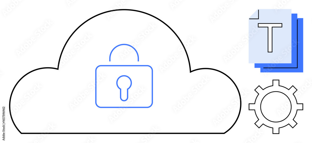 Poster cloud outline with lock represents secure data storage. gear and documents symbolize privacy, access