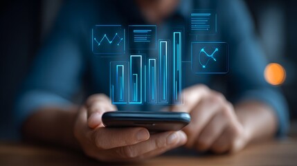 Person using a smartphone displaying digital data visualizations.