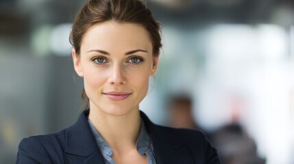 A confident professional woman in a dark blazer and light blue shirt exudes competence and approachability in a softly b