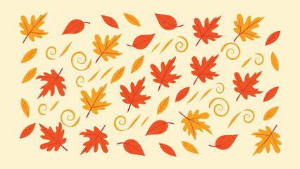 Autumnal arrangement featuring falling leaves and decorative swirls on a light background color scheme