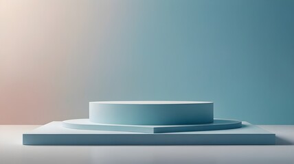 Abstract Studio Scene with White Round Podium and Smooth Blue Floor Reflection