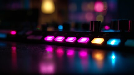 A close-up of a vibrant lighting control panel with illuminated square lights in pink, purple, orange, and blue,