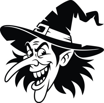 Halloween witch head cartoon vector with wild hair, hooked nose, and pointed hat for spooky icons, decor, and festive designs
