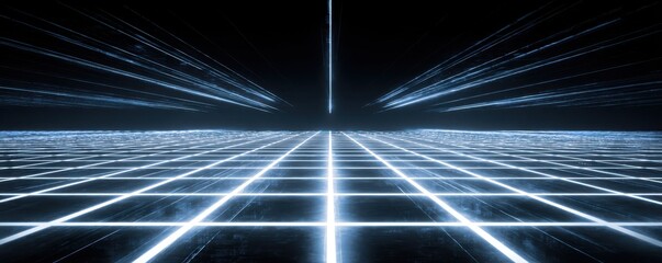 A futuristic digital landscape with glowing grid lines and light trails creates a sense of advanced technology and virtual space.
