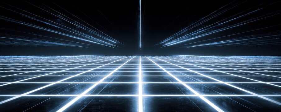 A futuristic digital landscape with glowing grid lines and light trails creates a sense of advanced technology and virtual space.