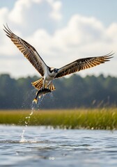 Magnificent Osprey Catching Fish in Flight Over Coastal Waters