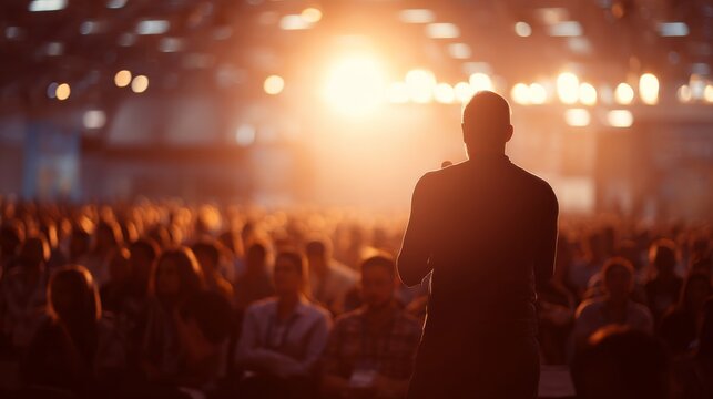 A speaker stands on stage addressing an attentive audience bathed in warm orange light,