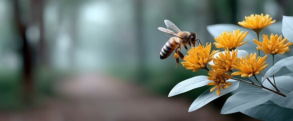 Honeybee on a cluster of vibrant yellow flowers in a misty forest