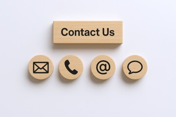 Contact information icons on wooden blocks, communication, customer service, connection, and support concept on white background