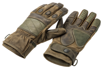 Brown tactical gloves with reinforced knuckles, military-style protective handwear with padded palms and fingers, isolated on a transparent background