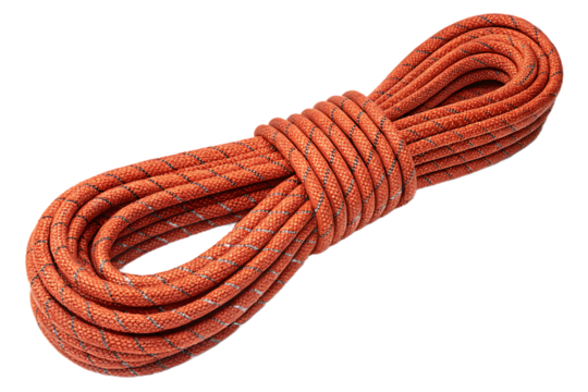Orange climbing rope coiled neatly with blue accent strands, dynamic rope for mountaineering adventures, isolated on a transparent background