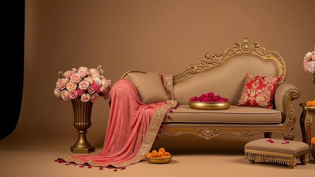 Opulent Gold Accented Beige Chaise Lounge with Floral Arrangements and Decorative Pillows on Neutral Backdrop