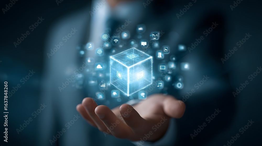 Aufkleber digital cube with interconnected symbols held in a hand.