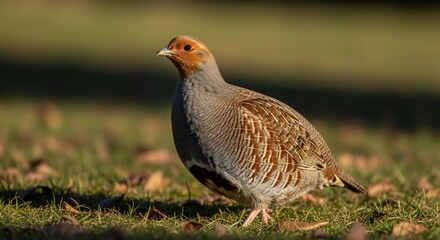 Grey Partridge Bird Perched on Grass in Rural Landscape Photography