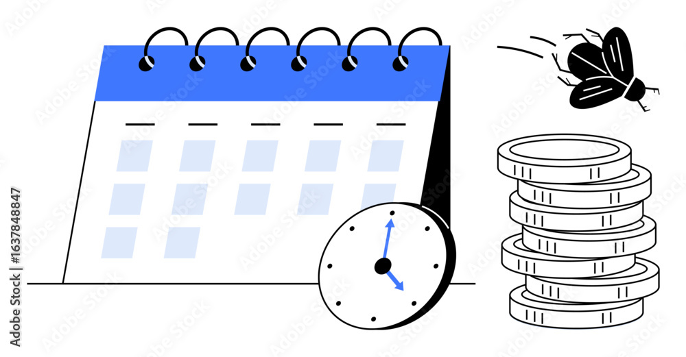 Poster calendar with highlighted dates, clock showing time, stacked coins, and flying bug indicating urgenc