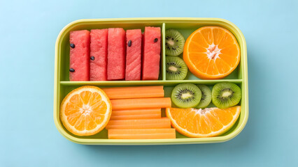 Colorful fruit lunch box filled with fresh watermelon, oranges, kiwi, and carrots