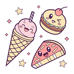 Cute kawaii food characters ice cream cone macaron and pizza slice with stars and sparkles